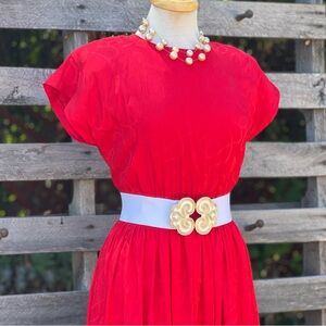 Vintage Leslie Fay Collections Red Midi A-Line Dress- M (See Measurements)